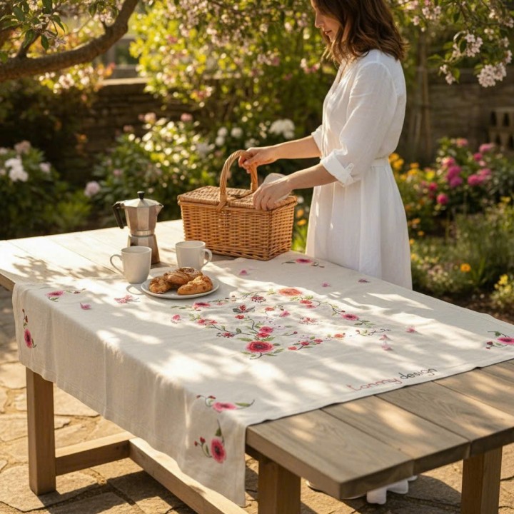 Square table cloth - Butterfly and flower embroidery(size 90 cm) (Beige cloth)